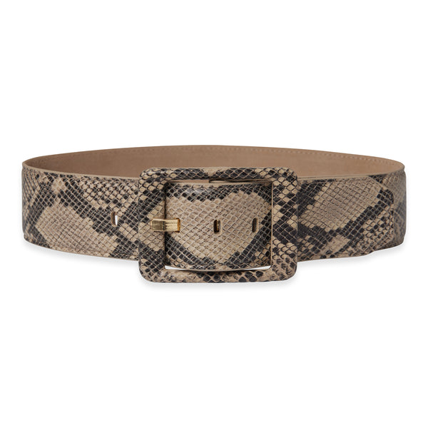 Our Anywhere wide waist belt in snake skin has an exaggerated buckle with a gold accent. 