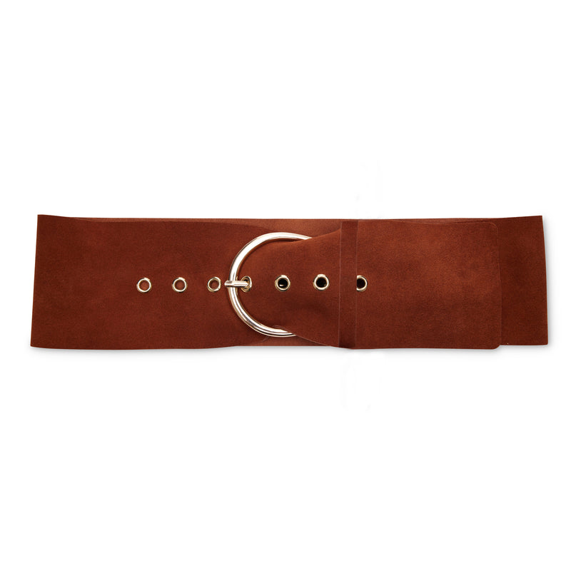 Our Austen belt in Cognac suede is a wide waist statement belt with seven holes. 