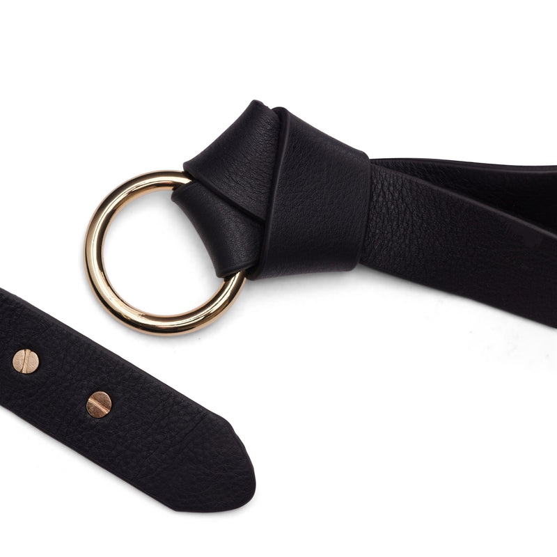 Alcott Black belt with gold ring and knotted finish