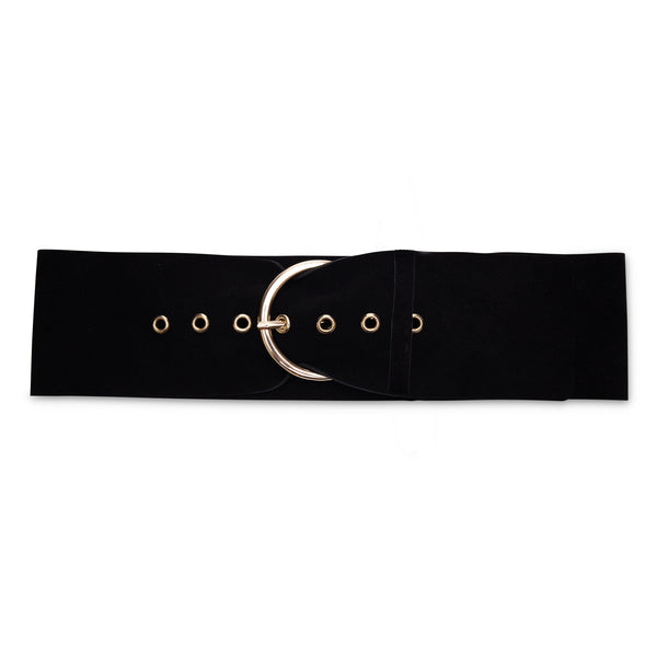 Our Austen belt in black suede is a wide waist statement belt with seven holes. 