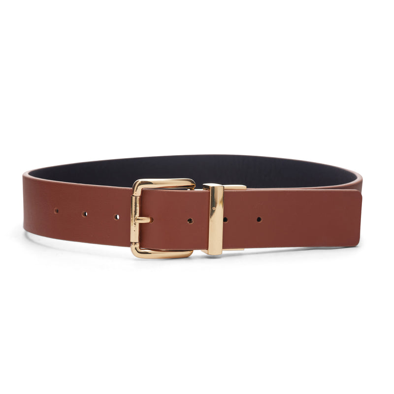 The Bronte belt is a reversible, black and cognac colored belt that has seven holes and a gold belt buckle.
