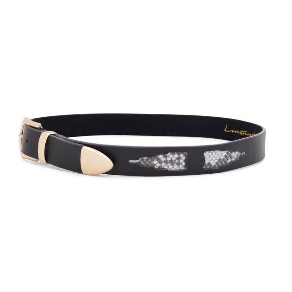 Milano Leather Belt, Black w/ White Snake Cutouts